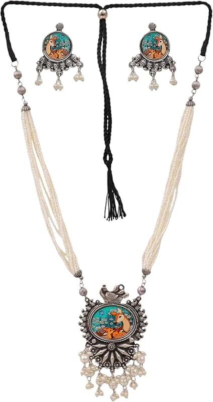 Antique Silver Pearl Multi-Layer Handpainted Ethnic Necklace