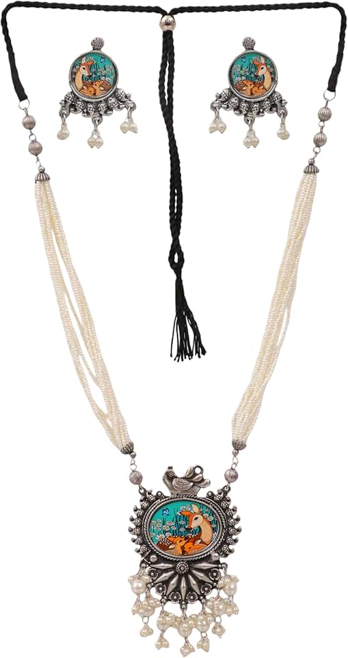 Antique Silver Pearl Multi-Layer Handpainted Ethnic Necklace