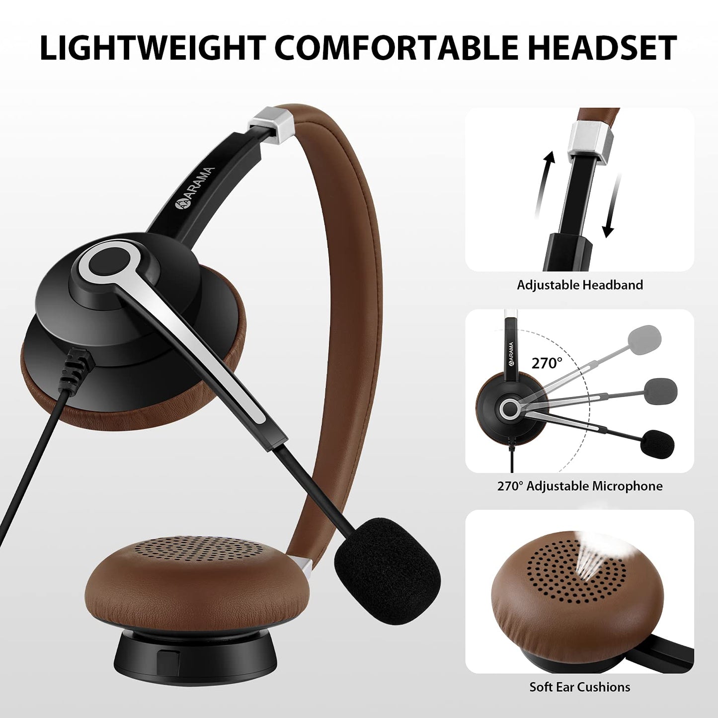 USB Headset with Microphone Noise Cancelling & in-line Call Controls, Ultra Comfort 3.5mm Wired Headset for Cell Phone, Computer Headset with Mute for PC Laptop Skype Webinar Home Office