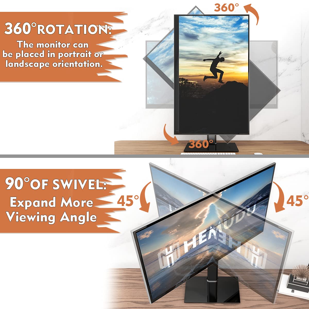 Single Monitor Stand Freestanding 27-43 Inch Monitor Arm Curved Screen Monitor Mount Tempered Glass Base Adjustable Motion Tilt -15 to 10 Swivel 45 Rotation 360 Weight Capacity 77lbs HT05B-003