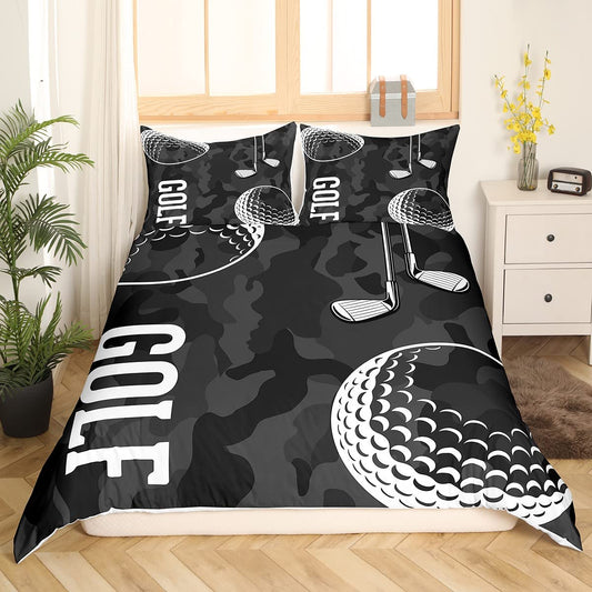 Golf Print Duvet Cover Black Camo Bedding Sets Queen Kids Boys Teens Camouflage Comforter Cover Sports Themed Bedding,Golf Balls Gaming Quilt Cover 3 Piece Soft Microfiber Bed Cover