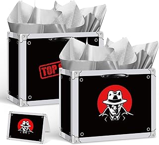Spy-themed gift bags with tissue paper and greeting card
