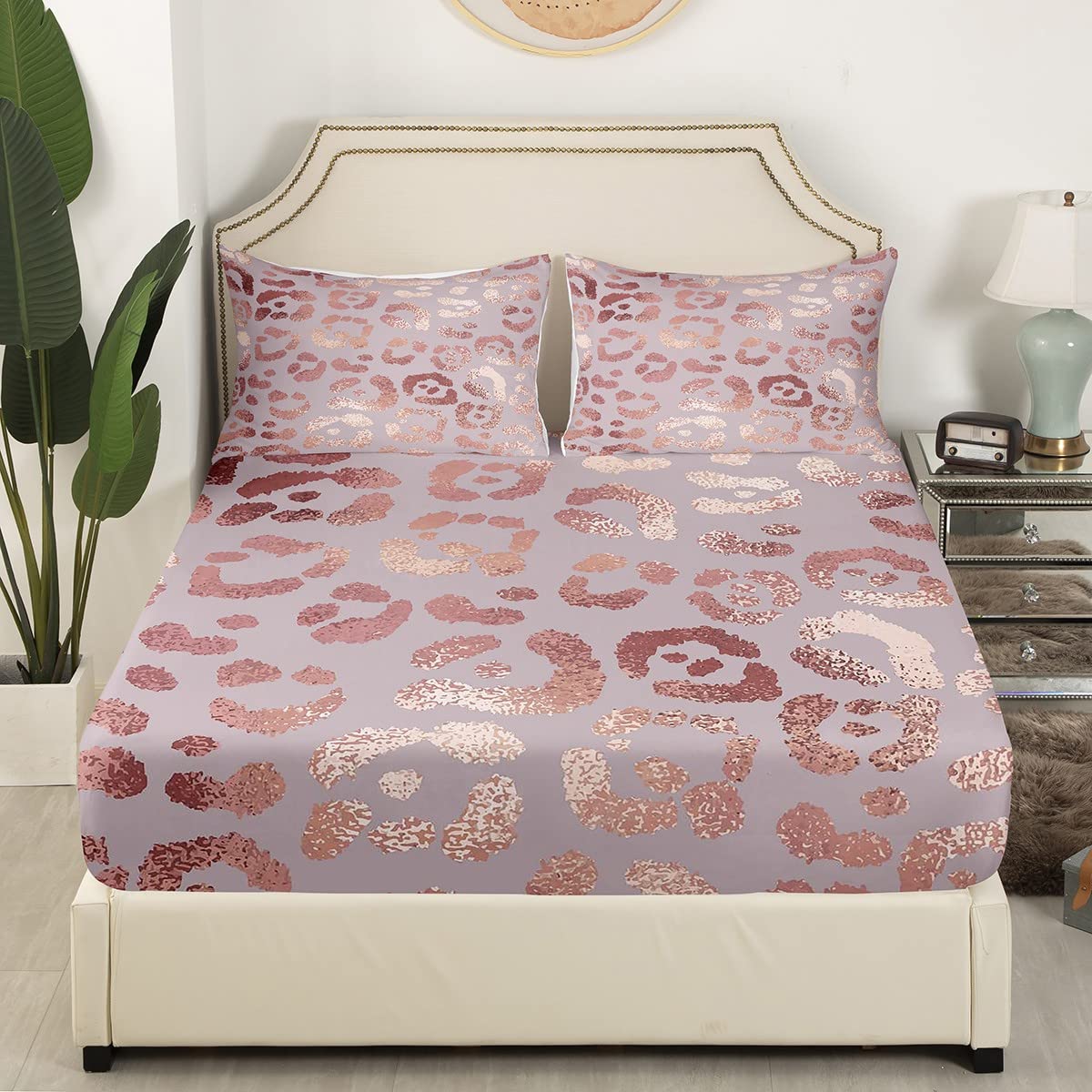 Cheetah Print Fitted Sheet Rose Gold Colored Leopard Print Bed Sheets Full Size Pink Sequin Sheets Safari Animal Bedding Ultra Soft Cozy Durable Bed Cover