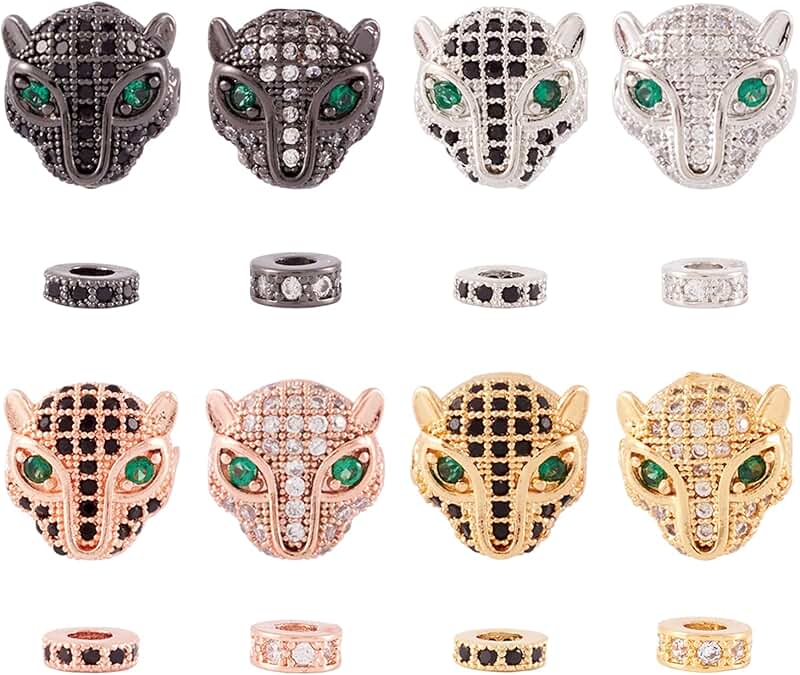 32Pcs Brass Leopard Head and Spacer Beads in 4 Colors