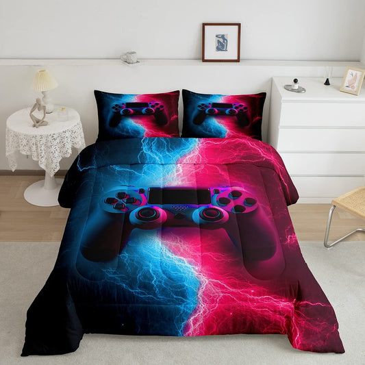 Gamer Comforter Set Twin Size Video Games Decor Gamepad Down Comforter, for Boys Teens Adult Women Player Gaming Soft Quilt Game Console Blue Purple Lightning Quilted Duvet Sci-Fi Style Duvet Insert