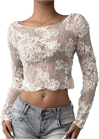 Women's Floral Lace Long Sleeve Crop Top
