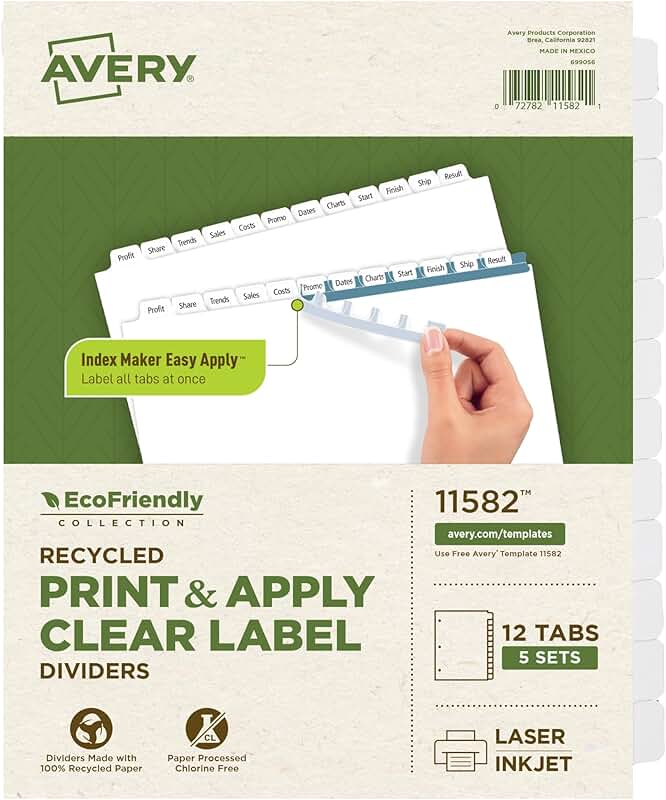 Eco-Friendly Recycled Dividers for 3-Ring Binders, 12 Tabs