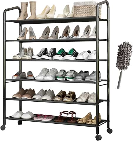 Tall 6-Tier Metal Shoe Rack with Locking Wheels