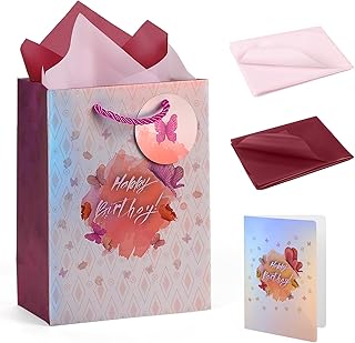 Small birthday gift bag with tissue paper and greeting card