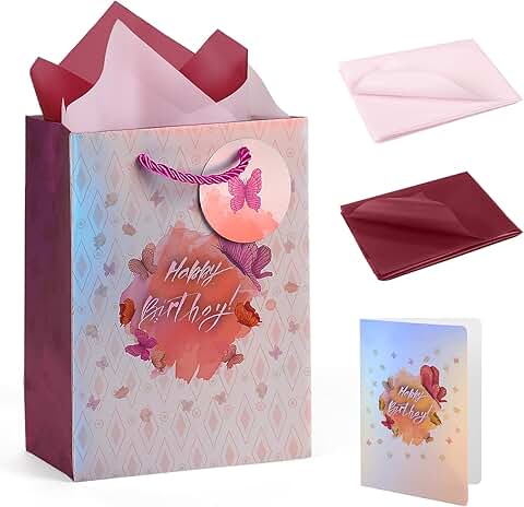 Small birthday gift bag with tissue paper and greeting card