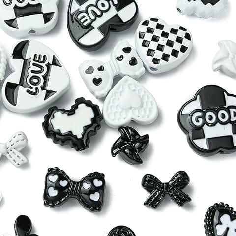20 Black and White Heart and Bow Beads for Jewelry Making