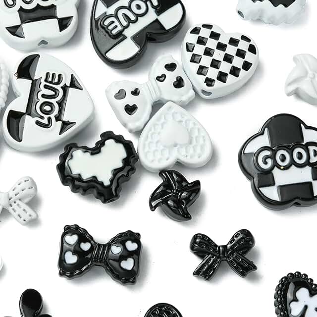 20 Black and White Heart and Bow Beads for Jewelry Making