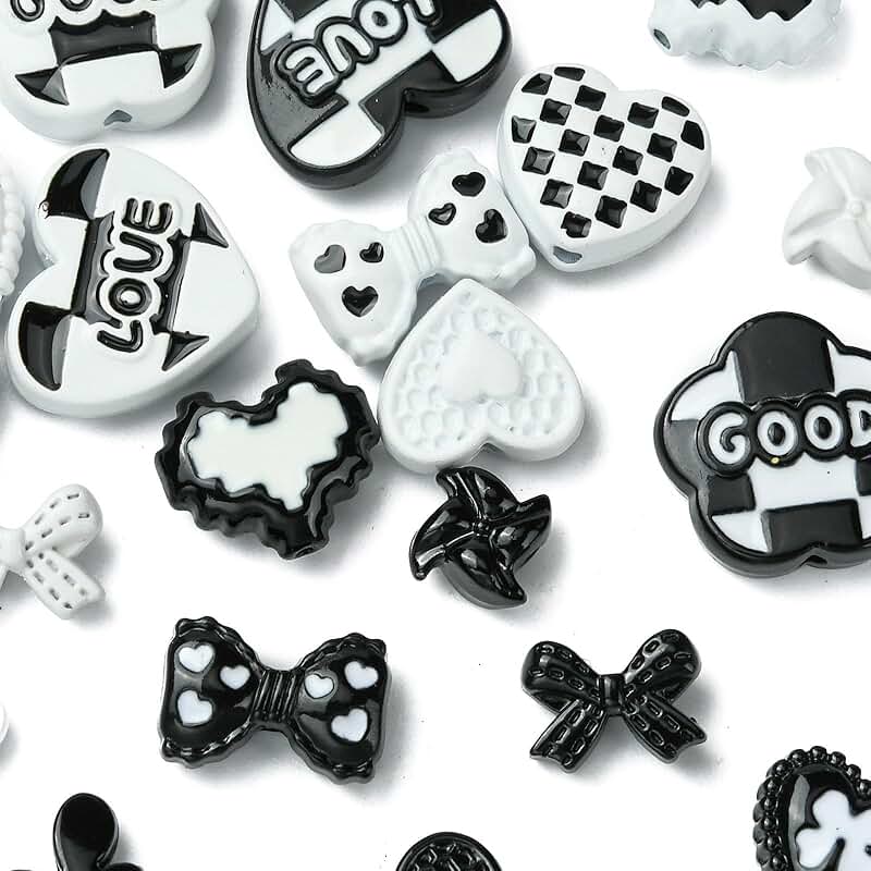 20 Black and White Heart and Bow Beads for Jewelry Making