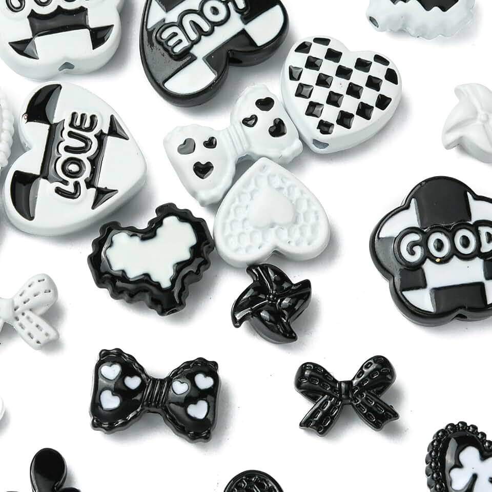 20 Black and White Heart and Bow Beads for Jewelry Making