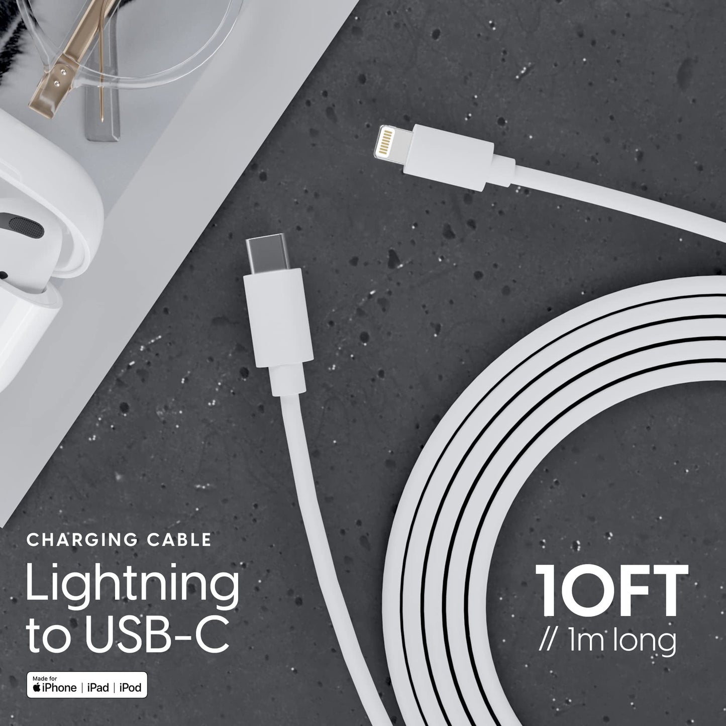USB C to Lightning Cable iPhone Charger 10ft Long Heavy Duty Cord - Fast Charging Power Delivery PD MFI for Apple iPhone 13, 12, 11, XR, XS, X, 8, 7, 6, 5, SE, iPad - White