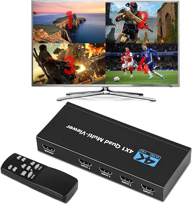 HDMI Multiviewer Switch 4x1 with Split Screen and Remote
