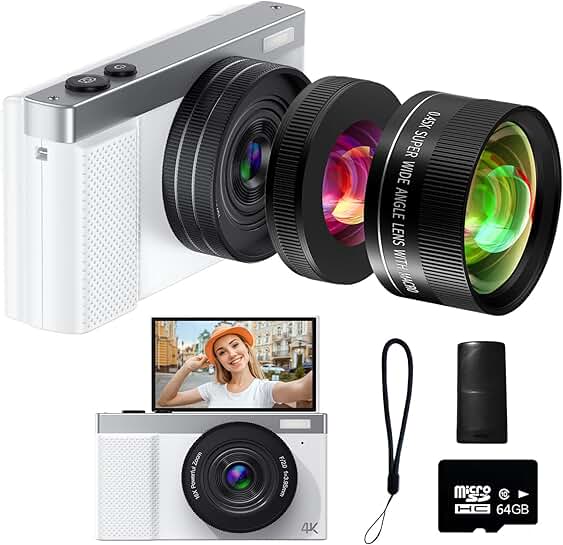 4K 64MP Vlogging Camera with Flip Screen and Lenses