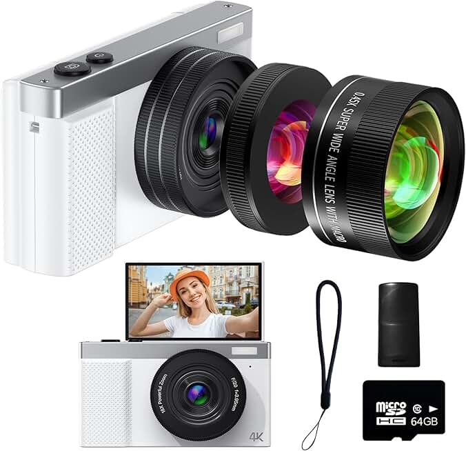 4K 64MP Vlogging Camera with Flip Screen and Lenses