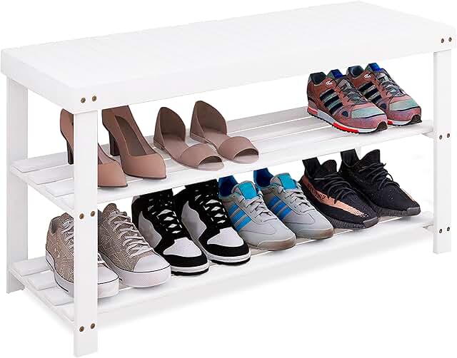 Bamboo 3-Tier Shoe Rack Bench for Entryway
