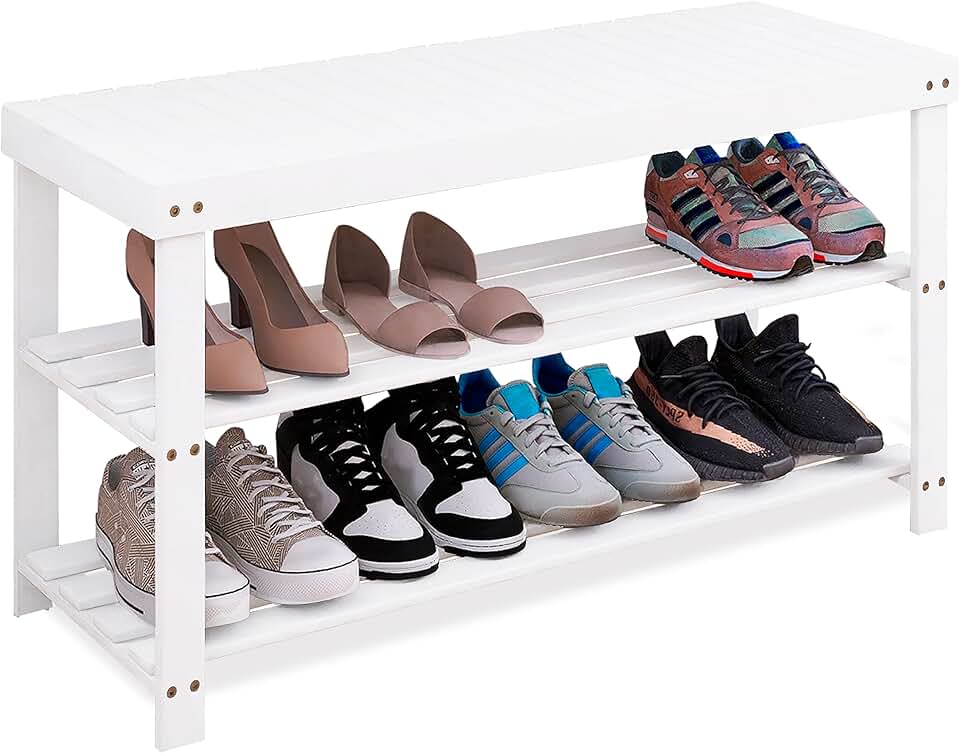 Bamboo 3-Tier Shoe Rack Bench for Entryway