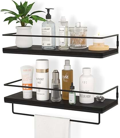 Set of 2 black floating wall shelves with towel rack