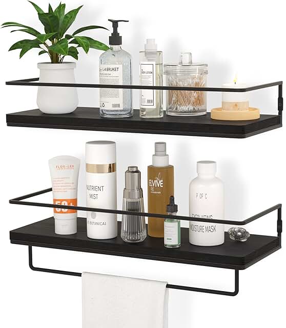 Set of 2 black floating wall shelves with towel rack
