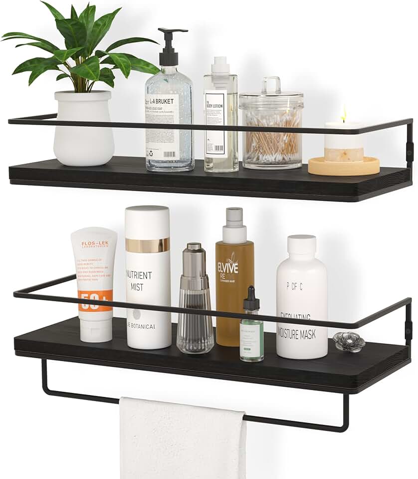 Set of 2 black floating wall shelves with towel rack