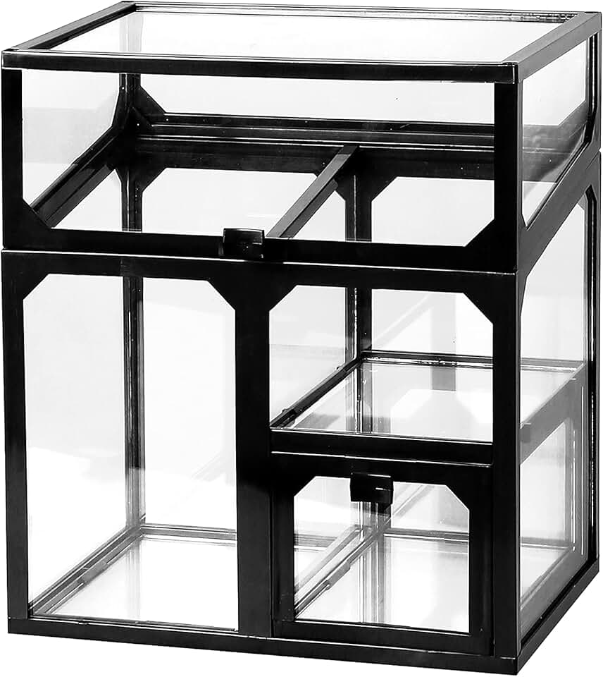 Black vintage glass makeup organizer with pearls