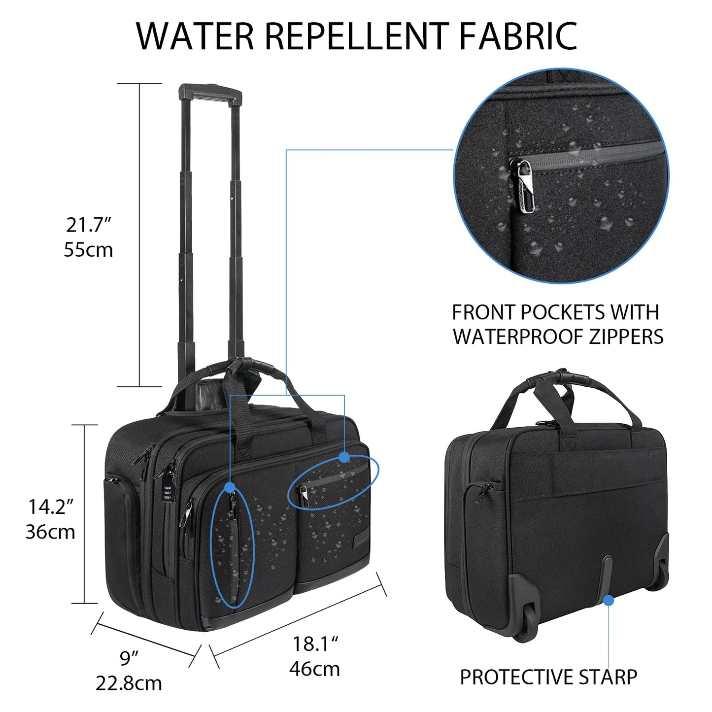 17.3 Inch Rolling Laptop Bag Briefcase Women Men with RFID Pockets, Carry on Laptop Case Waterproof Overnight Bag, Roller Computer Bags with Wheels for Travel/Work/School/Business, Black
