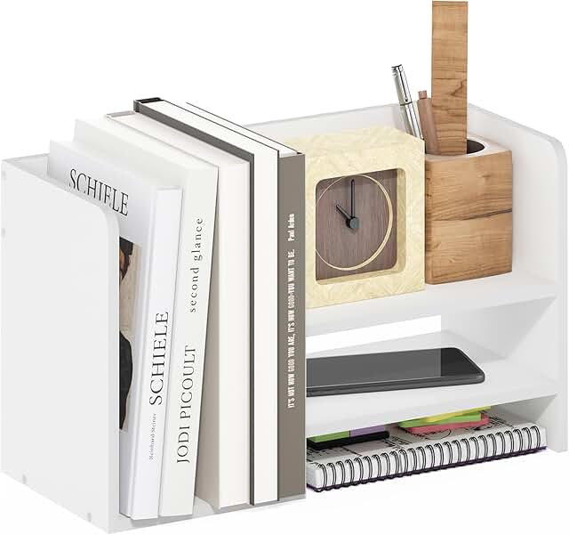 White desk organizer with file holder and shelves