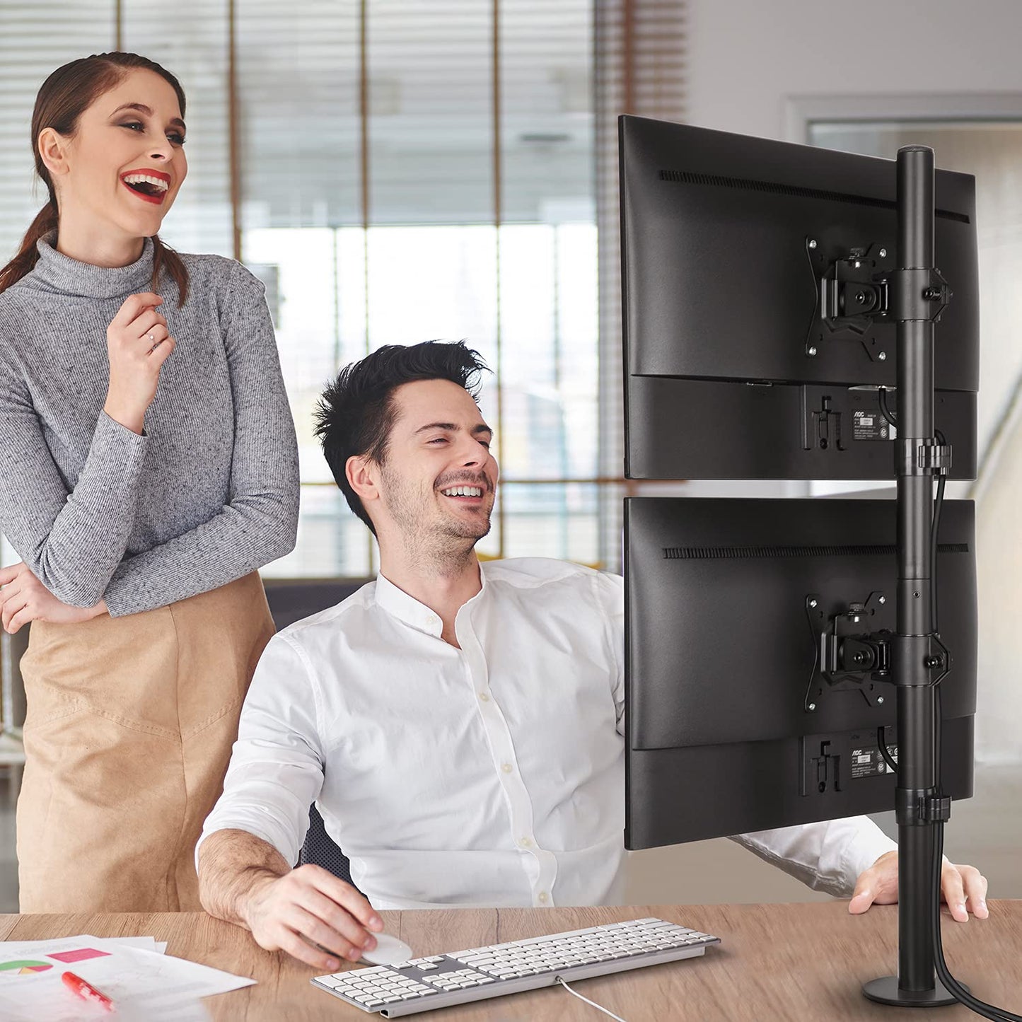 Dual Monitor Stand - Vertical Stack Screen Supports Two 13 to 32 Inch Computer Monitors with C Clamp Grommet Base