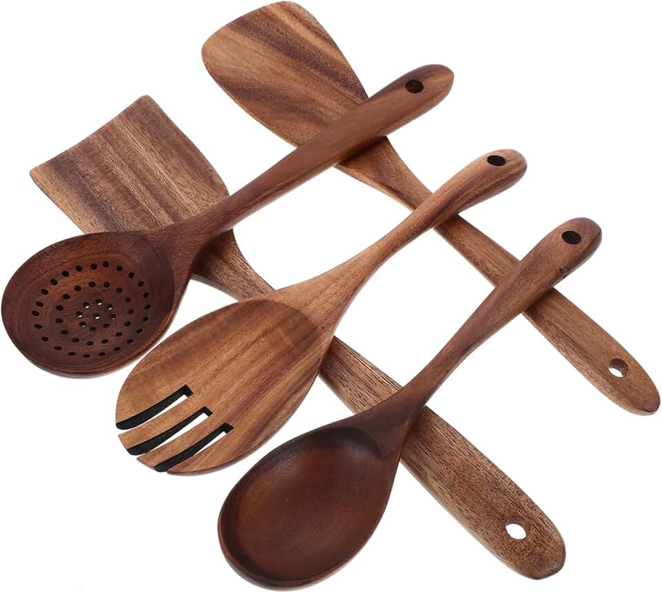 Wooden Cooking Utensil Set with Spatula Spoon Colander and Salad Fork