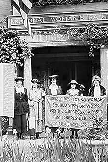 Suffragettes protest with banner in front of building