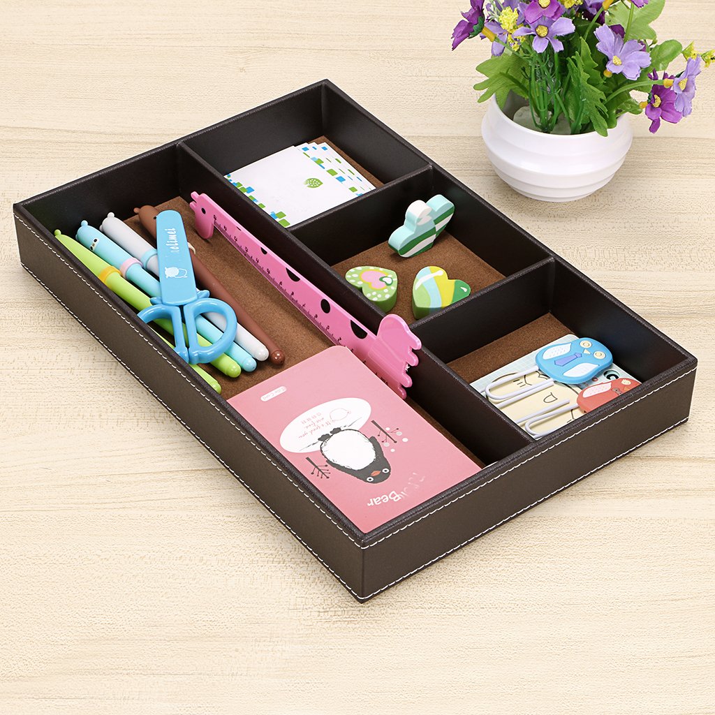 4-slot PU Leather Desk Drawer Organizer in Brown