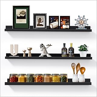 Long 48-Inch Floating Wooden Wall Shelves with Lip, Set of 3