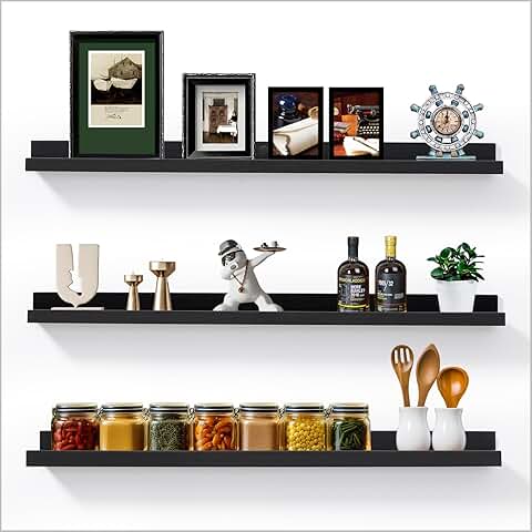 Long 48-Inch Floating Wooden Wall Shelves with Lip, Set of 3
