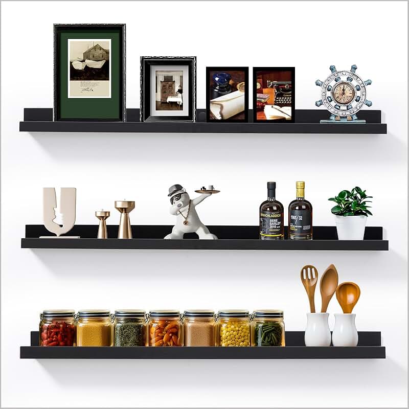 Long 48-Inch Floating Wooden Wall Shelves with Lip, Set of 3