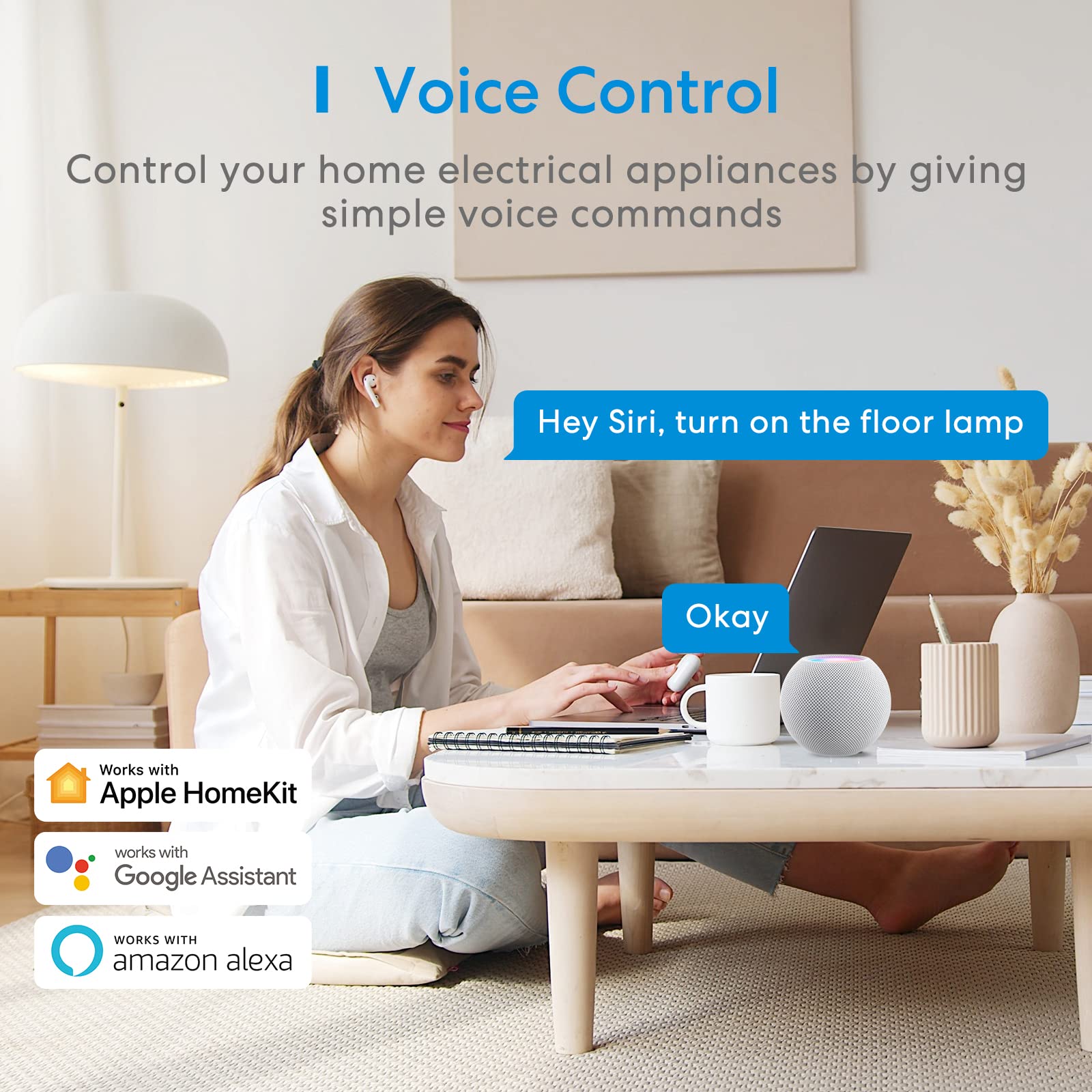 Smart Power Strip Compatible with Apple HomeKit, Siri, , Google Home and SmartThings, WiFi Surge Protector with 4 AC Outlets, 4 USB Ports and 6ft Extension Cord, Voice and Remote Control