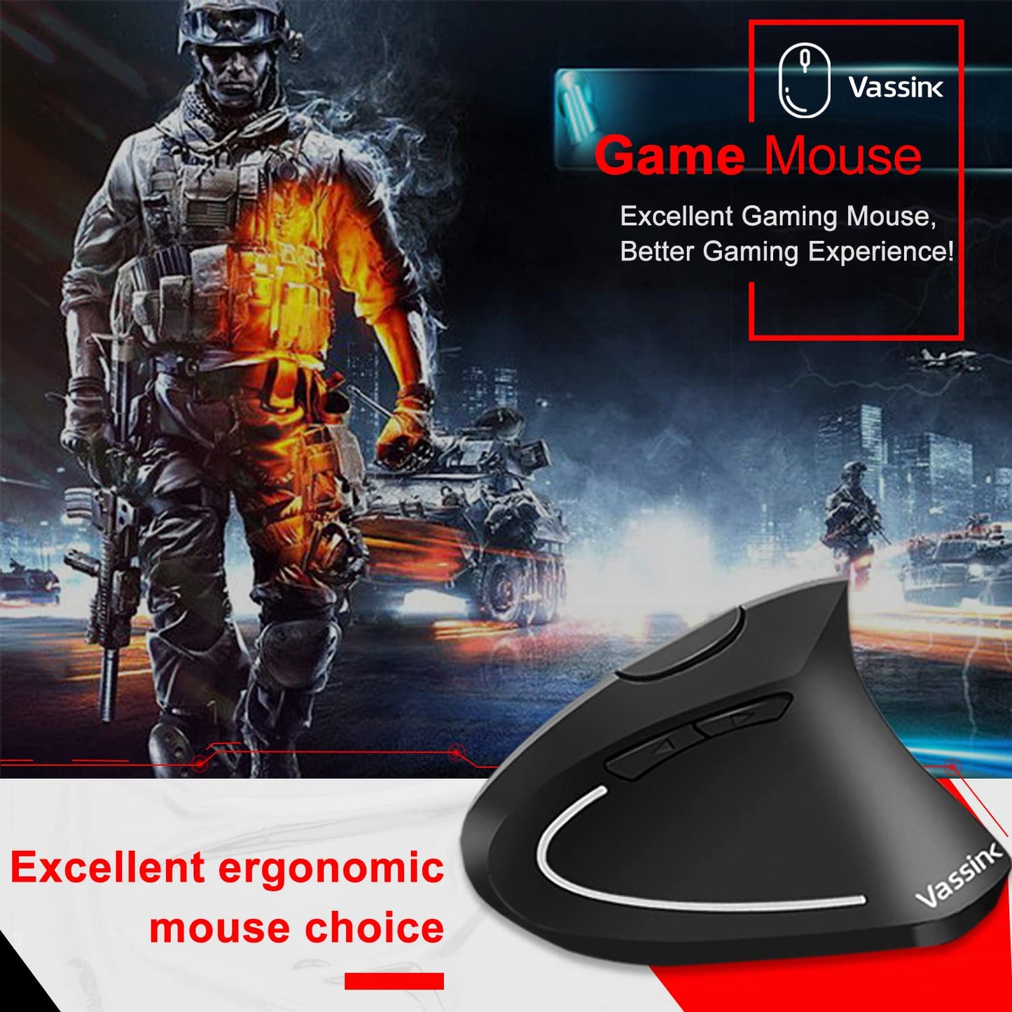 Ergonomic Mouse, Rechargeable Wireless Mouse, 2.4GHz Rechargeable Wireless Vertical Optical Mice with USB Receiver, 6 Buttons, 800/1200/1600 DPI, for Laptop, PC, Computer Black