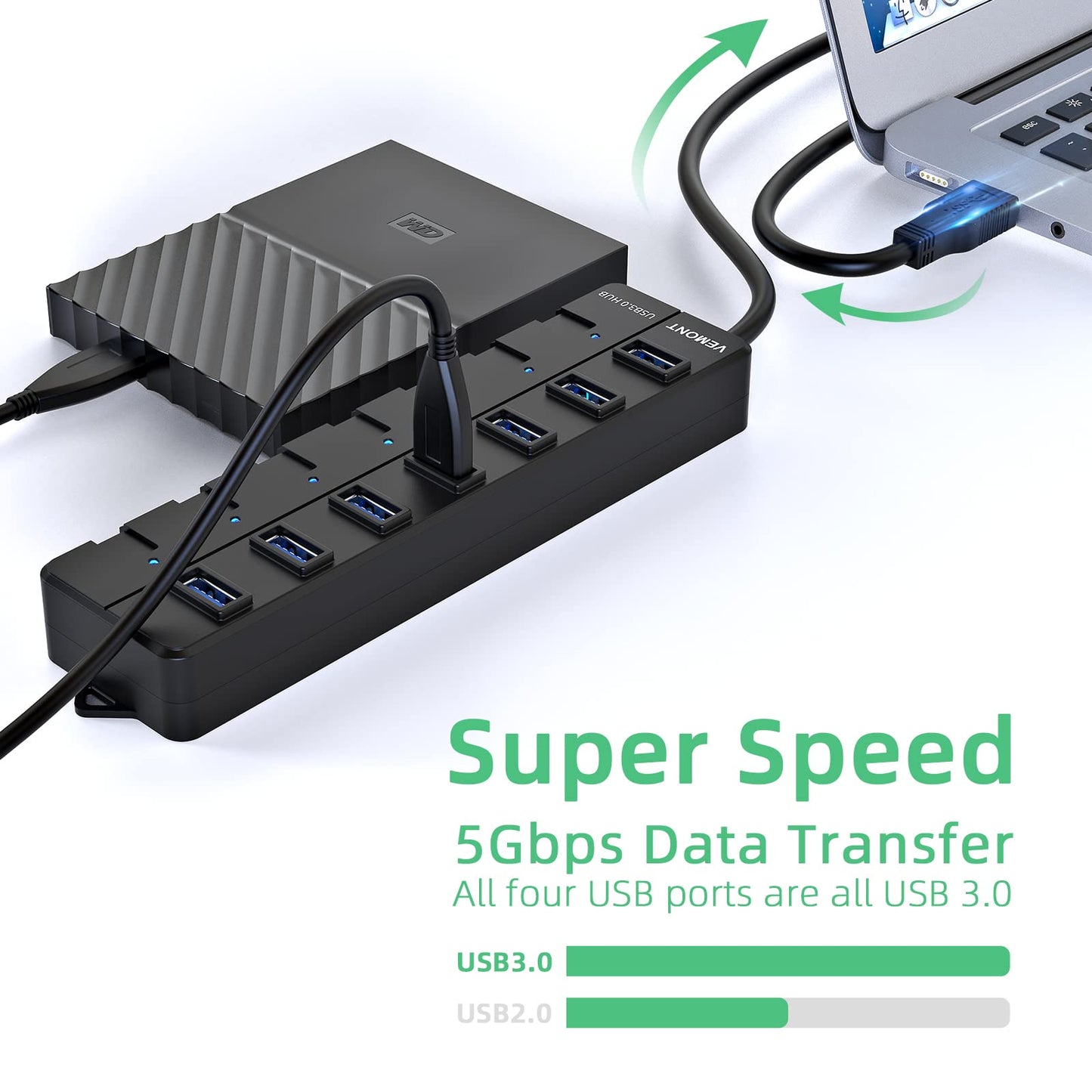 USB hub,7-Port USB Hub, 3.0 USB Splitter with Individual On/Off Switches and Lights, 4ft/1.2m Long Cable USB Extension for Laptop and PC Computer