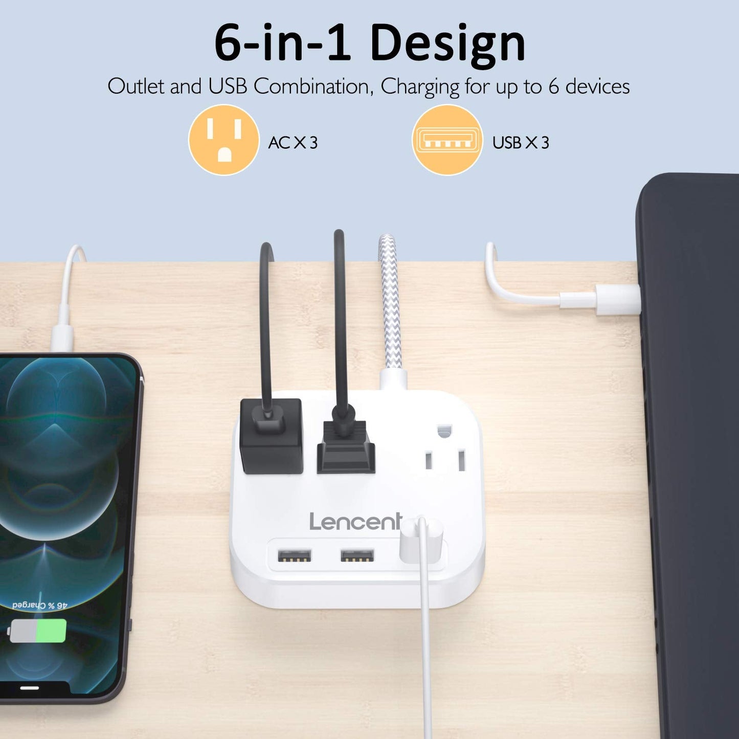 2 Prong Power Strip, 3 Prong to 2 Prong Outlet Adapter, 6.6ft Braided Extension Cord with Polarized Plug, 3 AC Outlets & 3 USB(5V 3.4A Max), Wall Mountable, Ideal for Non-Grounded Outlets