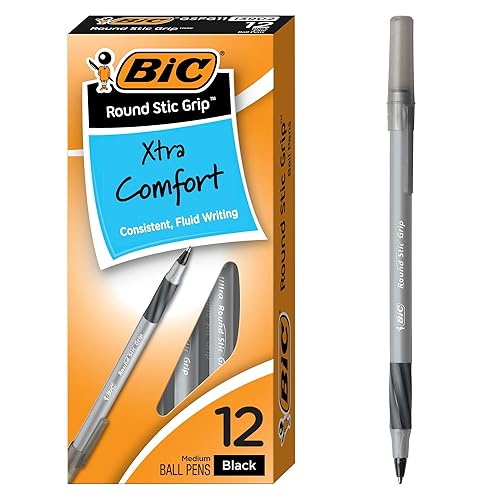 12 Black Ballpoint Pens with Soft Grip for Comfort