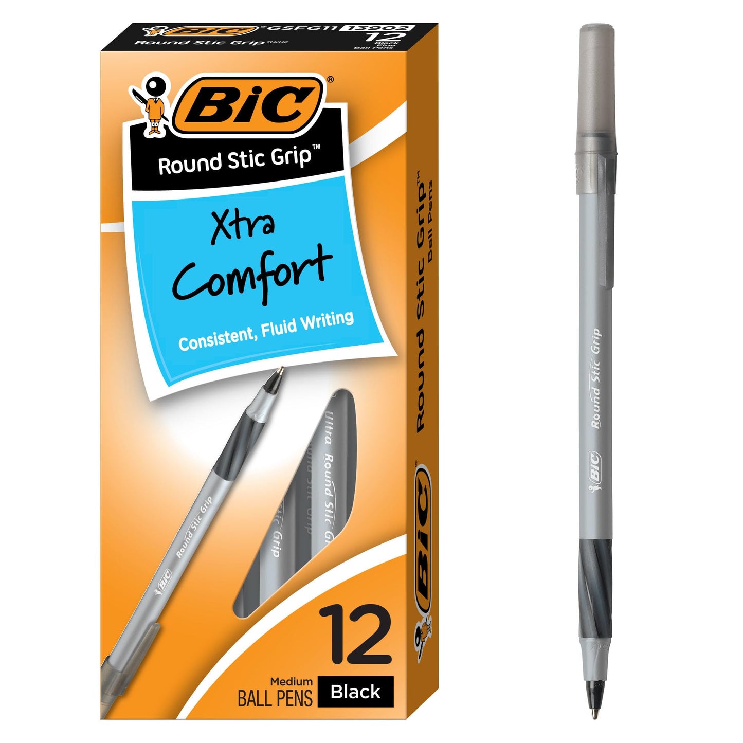 12 Black Ballpoint Pens with Soft Grip for Comfort