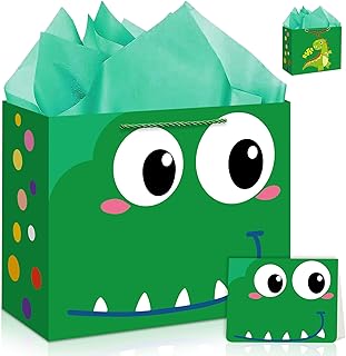 Large 13-inch Green Dinosaur Gift Bag with Handles