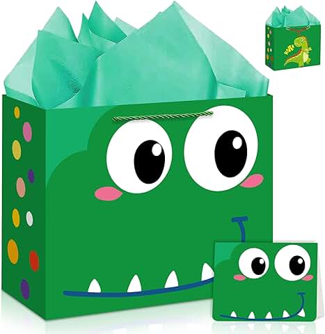Large 13-inch Green Dinosaur Gift Bag with Handles