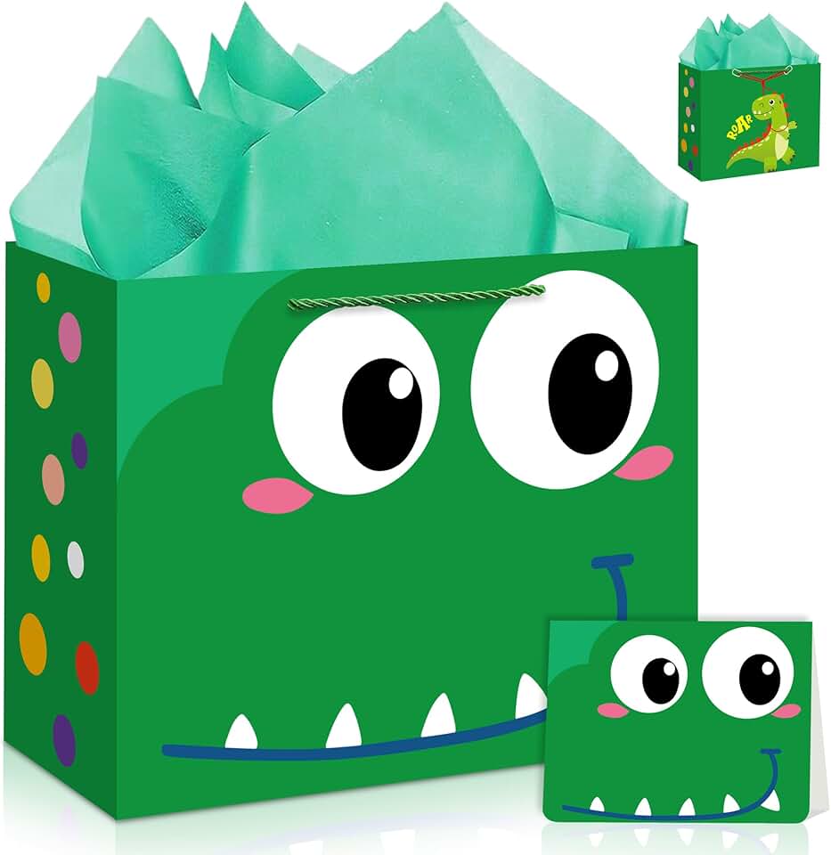 Large 13-inch Green Dinosaur Gift Bag with Handles