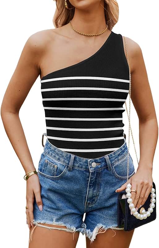 Women's One-Shoulder Sleeveless Ribbed Knit Tank Top