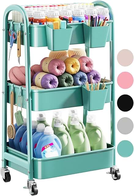Green 3-Tier Metal Rolling Cart with Lockable Wheels
