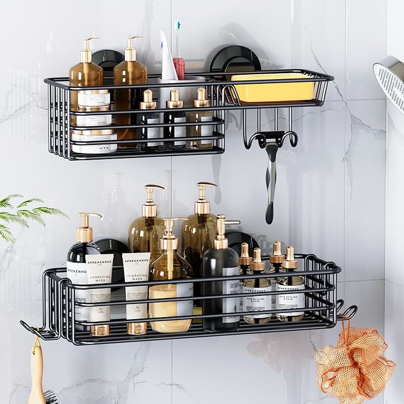 2-Pack Suction Shower Caddies with Hooks and Soap Holder