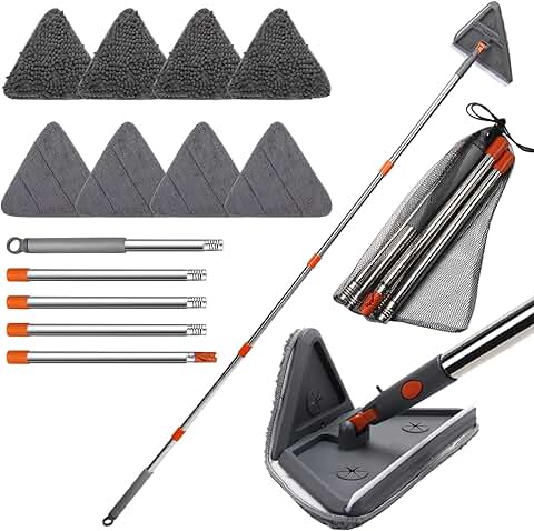 Wall mop cleaner with 8 replacement pads and adjustable handle